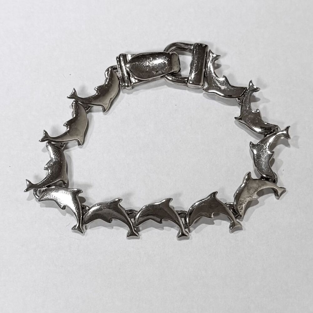Vintage Silver-Tone Dolphin Link 7" Bracelet Magnetic Clasp Ocean Theme Chrome